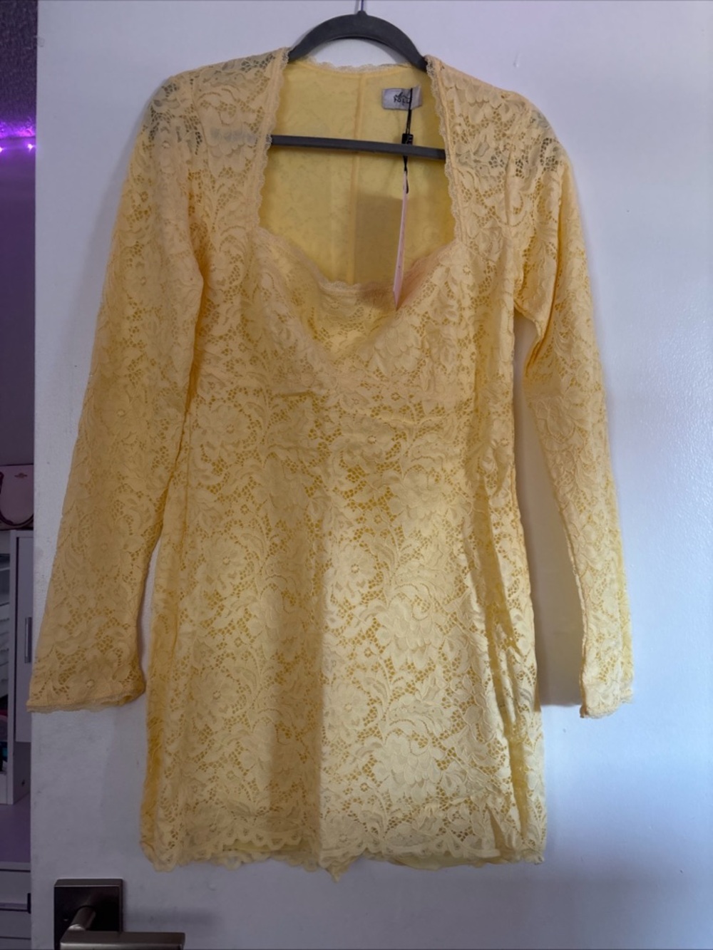 Oh Polly Lace Long-Sleeve Mini Dress in Yellow